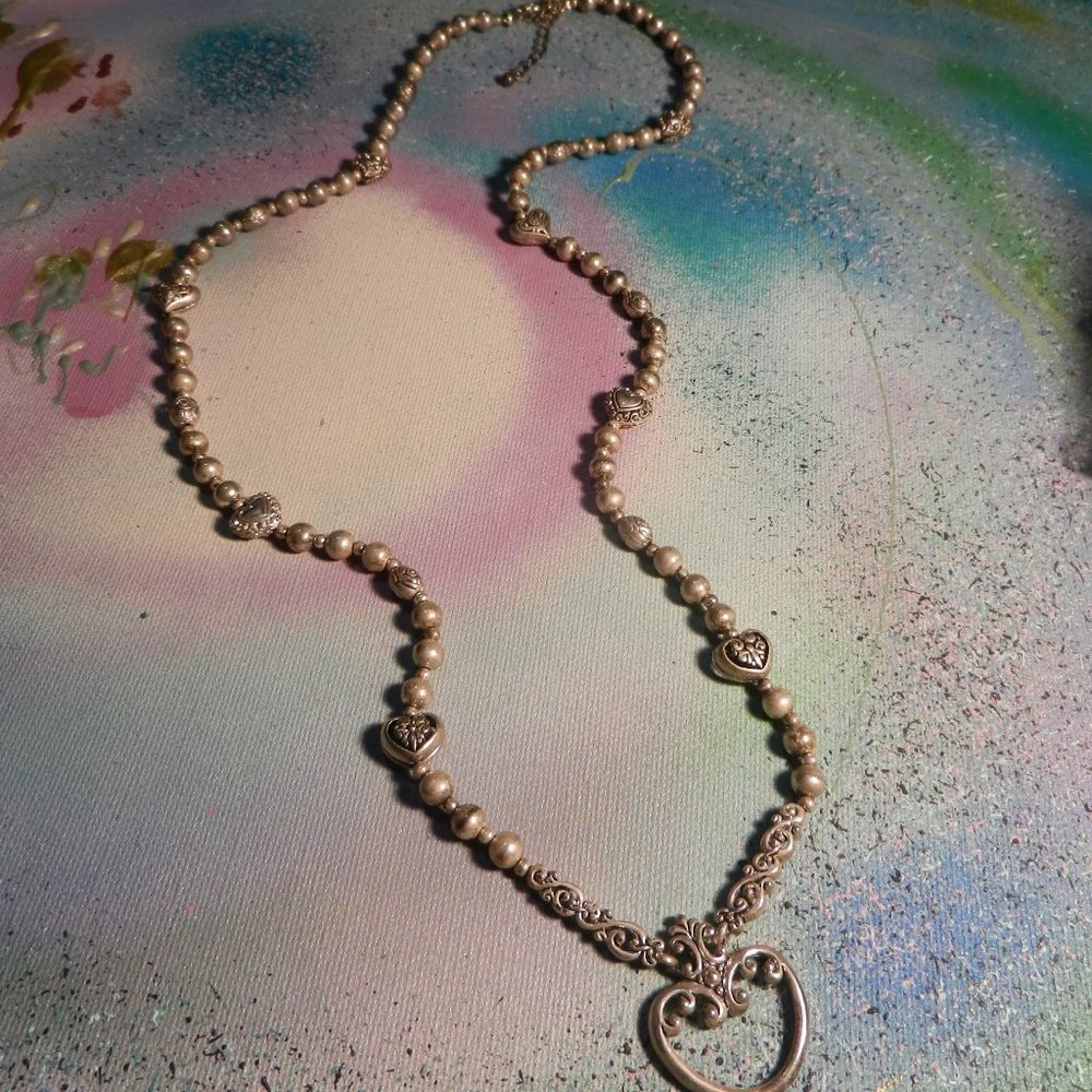 VTG hearts a'gogo silver necklace long silver tone filigree beaded pendant heart - Picture 2 of 16